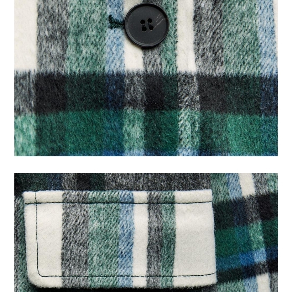 New Zara Plaid Patch Pocket Ecru/Green Shacket Jacket NWT - Picture 7 of 11